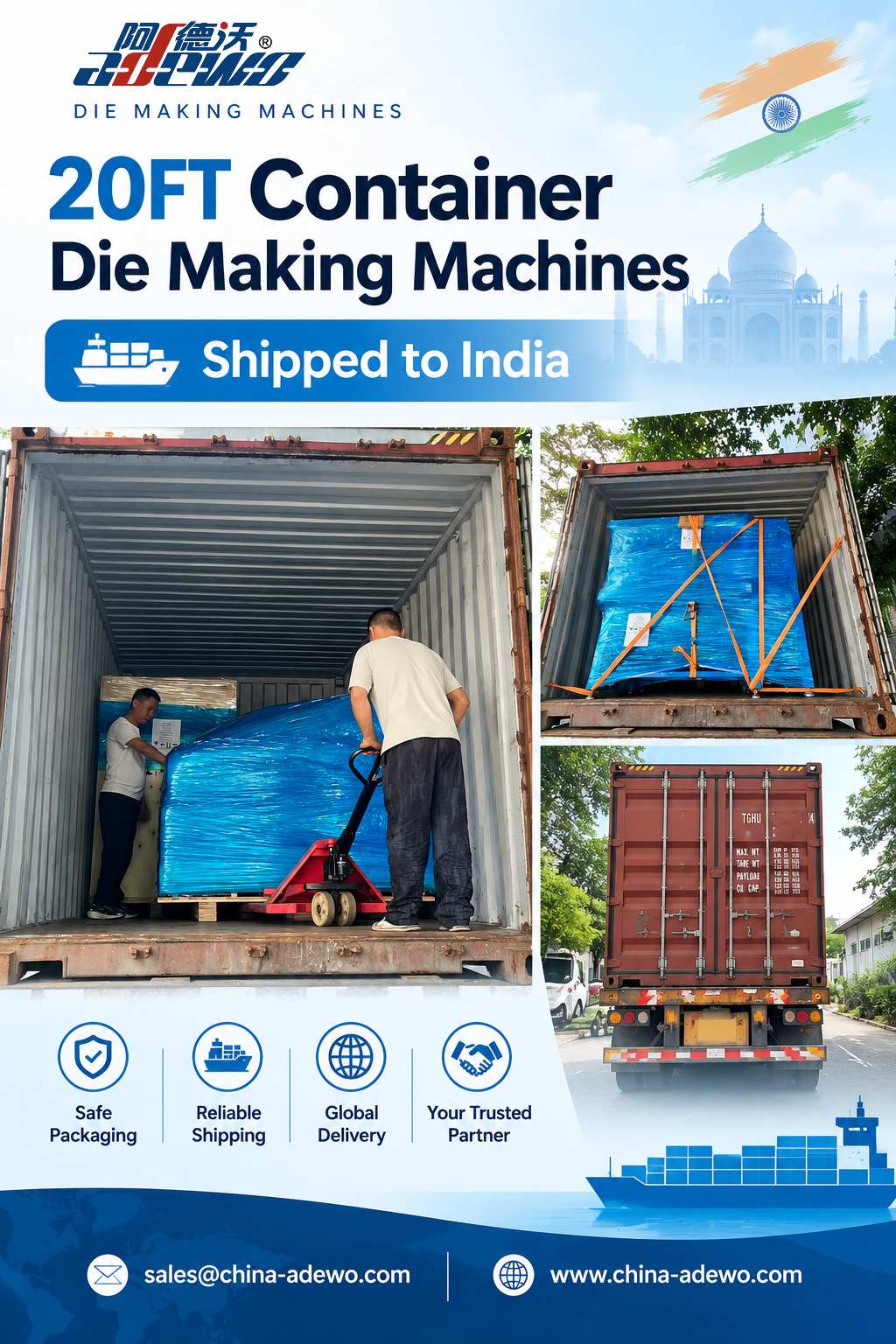 ADEWO envía cuatro modelos de máquinas clave a la India en un contenedor lleno, mejorando las líneas de producción locales de troquelado